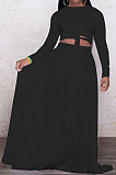 Black Euramerican Women Casual Fashion Long Sleeve Solid Color Tied Skirts Sets PH13251-5