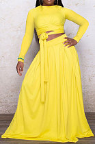 Yellow Euramerican Women Casual Fashion Long Sleeve Solid Color Tied Skirts Sets PH13251-3