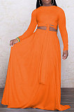 Orange Euramerican Women Casual Fashion Long Sleeve Solid Color Tied Skirts Sets PH13251-4