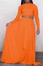 Orange Euramerican Women Casual Fashion Long Sleeve Solid Color Tied Skirts Sets PH13251-4
