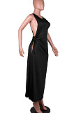 Black Solid Color Women High Waits Hollow Out Split Cross Trendy Sleeveless Long Dress MA6729-2