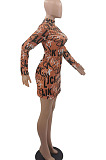Brown Euramerican Women Long Sleeve LUCK Printing Hole Mid Waist Mini Dress QMX1013