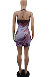 Pink Women Sexy Condole Belt Halter Neck Backless Hollow Out Printing Mini Dress QMX1007