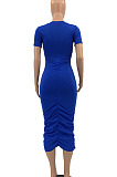 Blue Euramerican Women Solid Color Short Sleeve Round Collar Mid Waist Ruffle Midi Dress JR3640-4