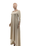 Khaki Euramerican Women Irregular Lower Hem Long Sleeve Pure Color Long Dress JR3642-2