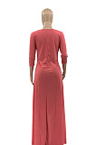 Red Euramerican Women Irregular Lower Hem Long Sleeve Pure Color Long Dress JR3642-1