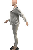 Gray Women Trendy Oblique Shoulder Letters Printing Casual Sport Pants Sets YFS10025-1