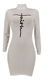 White Women Long Sleeve Letters Printing Pure Color Mid Waist Mini Dress YBS86733-1