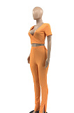 Orange Women Ribber Short Sleeve V Collar Tiede Solid Color Split Pants Sets JR3643-3