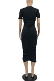 Black Euramerican Women Solid Color Short Sleeve Round Collar Mid Waist Ruffle Midi Dress JR3640-1