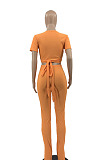 Black Women Ribber Short Sleeve V Collar Tied Solid Color Split Pants Sets JR3643-1