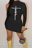White Women Long Sleeve Letters Printing Pure Color Mid Waist Mini Dress YBS86733-1