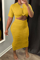Yellow Euramerican Women Solid Color Short Sleeve Round Collar Mid Waist Ruffle Midi Dress JR3640-3