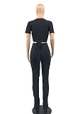 Black Women Ribber Short Sleeve V Collar Tied Solid Color Split Pants Sets JR3643-1
