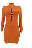 Orange Women Long Sleeve Letters Printing Pure Color Mid Waist Mini Dress YBS86733-3