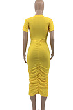 Yellow Euramerican Women Solid Color Short Sleeve Round Collar Mid Waist Ruffle Midi Dress JR3640-3