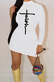 Orange Women Long Sleeve Letters Printing Pure Color Mid Waist Mini Dress YBS86733-3