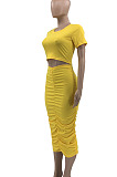 Blue Euramerican Women Solid Color Short Sleeve Round Collar Mid Waist Ruffle Midi Dress JR3640-4