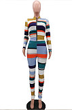Blue Autumn Winter Stripe Ribber Print Long Sleeve Zipper Top Pencil Pants Sets TK6138-2