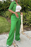 Orange Women Casual Solid Color Tops Turn-Down Collar Pants Sets JR3652-2