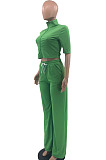 Khaki Women Casual Solid Color Tops Turn-Down Collar Pants Sets JR3652-3
