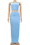 Peacock Blue Euramerican Sexy Women Sleeveless Solid Color Tank Tight At Home Casual Skirts Sets KZ152-6