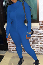 Blue Ribber Letter Embroidery Long Sleeve Zipper Slim Fitting Bodycon Jumpsuits QZ6115-3