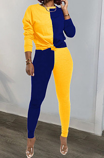 Yellow Blue Euramerican Sexy Women Autumn Spliced Color Block Long Sleeve Long Pants Sets KZ158-5