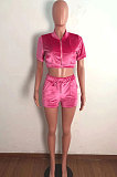 Pink Velvet Short Sleeve Zip Front Crop Top Shorts Pure Color Sets QZ4351-1