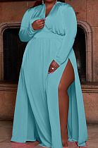 Light Blue Women Long Sleeve Loose V Collar Mid Waist Pure Color Split Plus Long Dress JR3655-3