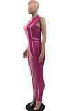 Purple Euramerican Women Tight Sleeveless Spliced Zipper Low Waist Bodycon Jumpsuits JR3649-3