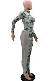 Green Wholesale Print Long Sleeve Zip Front Mesh Spliced Ruffle Hip Pants Sport Sets TK6139-1