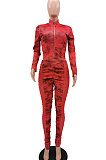 Red Wholesale Print Long Sleeve Zip Front Mesh Spliced Ruffle Hip Pants Sport Sets TK6139-2