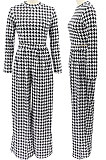 Black Euramerican Autumn Winter Women Plaid Printing Long Sleeve Round Collar Loose Pants Sets KZ2139-4
