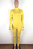 Light Yellow Ribber Letter Embroidery Long Sleeve Zipper Slim Fitting Bodycon Jumpsuits QZ6115-2