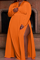 Orange Women Long Sleeve Loose V Collar Mid Waist Pure Color Split Plus Long Dress JR3655-2