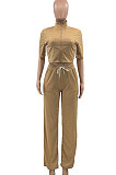 Green Women Casual Solid Color Tops Turn-Down Collar Pants Sets JR3652-4