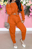 Orange Casual Loose Long Sleeve T-Shirt Ruffle Pants Solid Color Sets TRS1160-6