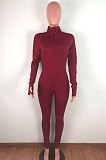 Wine Red Ribber Letter Embroidery Long Sleeve Zipper Slim Fitting Bodycon Jumpsuits QZ6115-6