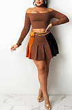 Orange Wholesale A Word Shoulder Long Sleeve Crop Top Spliced Ruffle Pleated Skirts TRS1175-5