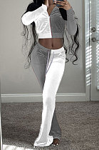 White Gray Wolesale Women Velvet Contrast Color Spliced Long Sleeve Zipper Hoodie Flare Pants Sets TRS1178-5