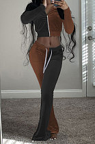 Black Coffee Wolesale Women Velvet Contrast Color Spliced Long Sleeve Zipper Hoodie Flare Pants Sets TRS1178-2