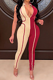 Black Euramerican Women Tight Sleeveless Spliced Zipper Low Waist Bodycon Jumpsuits JR3649-1