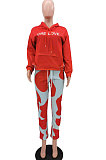 Red Casual Digital Letter Print Long Sleeve Hoodie Pencil Pants Sport Sets TK6140-2