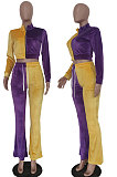 Orange Blue Wolesale Women Velvet Contrast Color Spliced Long Sleeve Zipper Hoodie Flare Pants Sets TRS1178-3