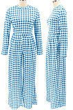 Light Blue Euramerican Autumn Winter Women Plaid Printing Long Sleeve Round Collar Loose Pants Sets KZ2139-6