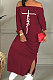 Wine Red Cute Pattern A Word Shoulder Long Sleeve Both Sides Split Dress BBN199-1