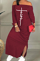Wine Red Cute Pattern A Word Shoulder Long Sleeve Both Sides Split Dress BBN199-1