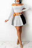 Black Wholesale A Word Shoulder Long Sleeve Crop Top Spliced Ruffle Pleated Skirts TRS1175-1