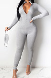 Orange Ribber Letter Embroidery Long Sleeve Zipper Slim Fitting Bodycon Jumpsuits QZ6115-4